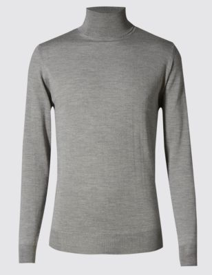 Merino Wool Rich Slim Fit Polo Neck Jumper with Silk